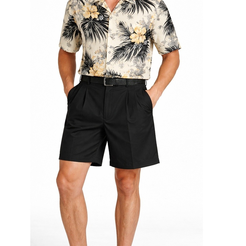 Tommy Bahama Shorts Mens 36 Black 100% Silk Pleated Tropical Summer Casual